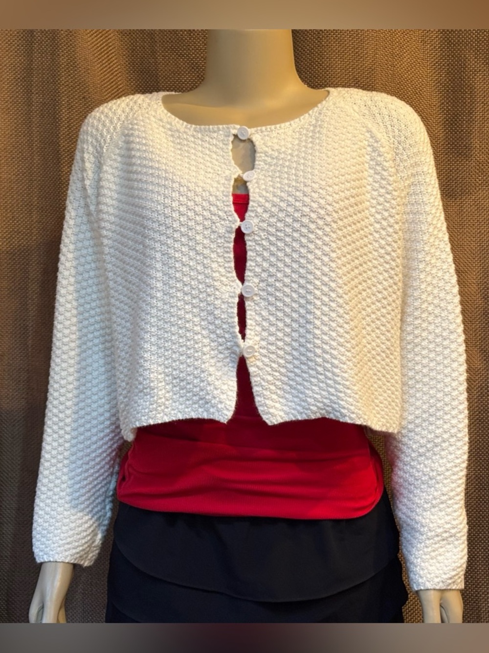 Cropped White Textured Button-Front Cardigan - Women